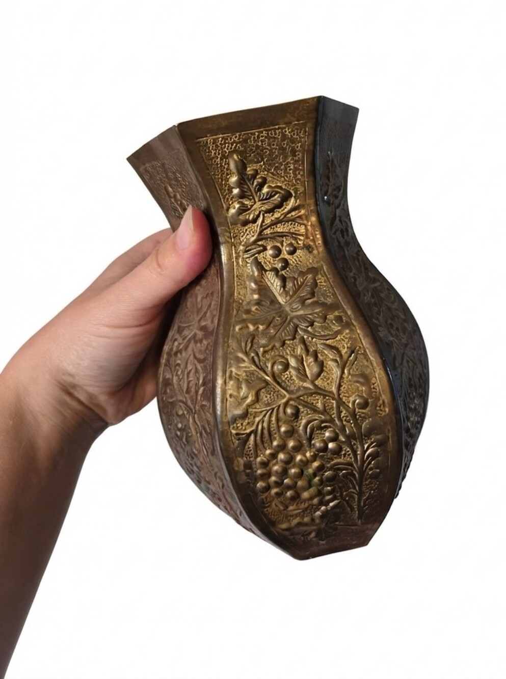 Vintage Etched Brass Vase Hexagon Shape Grapevine Embossed Heavy Metal Home Deco